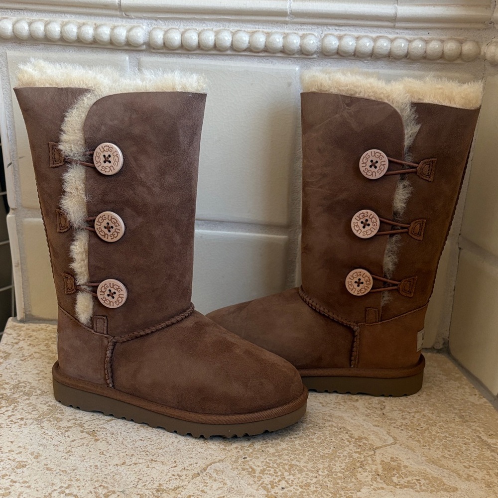 UGG Brown Shearling Bailey Button Triplet Boots kids 13